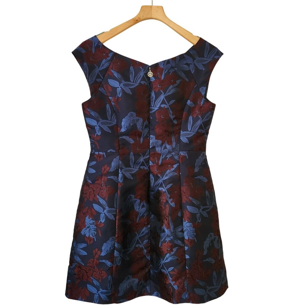 Tommy Hilfiger Jaquard Floral Cocktail Dress Blue Burgundy Sleeveless Party - Picture 2 of 7